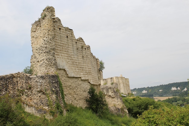 Free Photo low angle shot of the ruins of a castle in france with the grey sky in the background