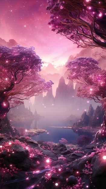 Magenta fantasy landscape with nature