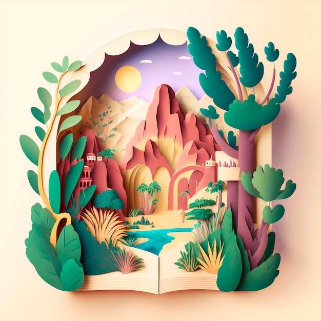 Free photo magic fairy tale book illustration with mountain scenery and plants