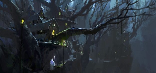 The magician walks between the magical tree houses illustration.