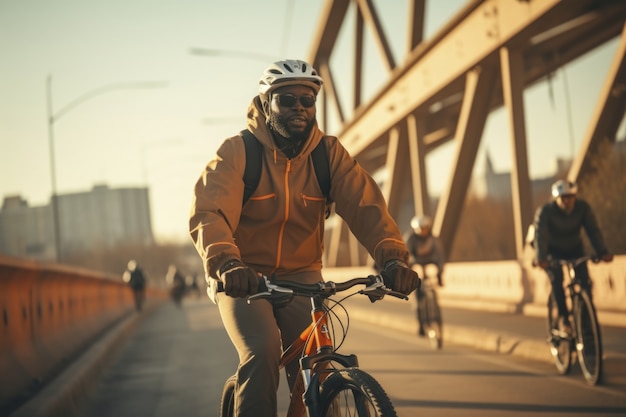 Free photo man riding his bicycle outdoors in the city