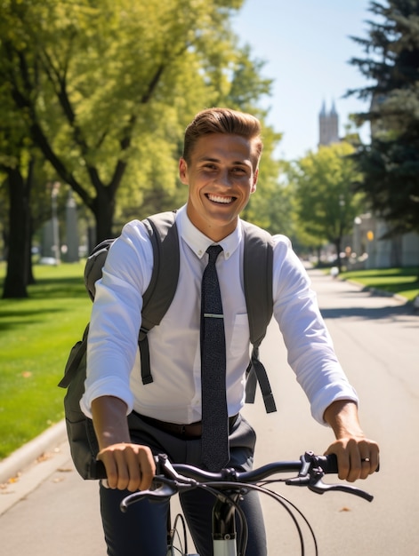 Free photo man riding his bicycle outdoors in the city