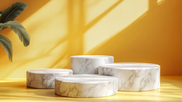 Free photo marble podium for product showcase with scenery background