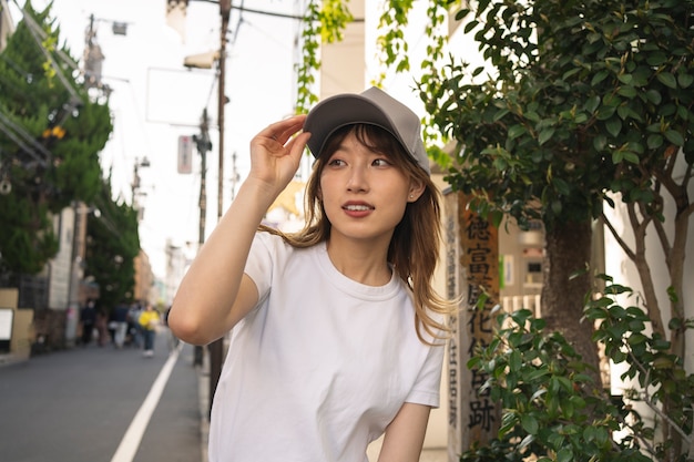 Free photo medium shot woman wearing trucker hat outdoors