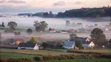 Free photo misty sunrise over a rural village with houses and trees