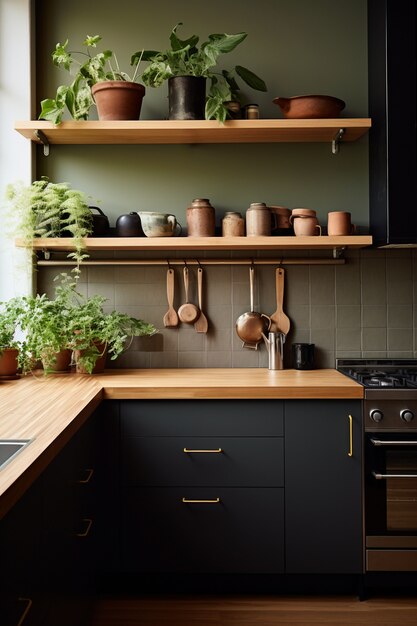 Modern kitchen with contemporary interior decor and furnishings