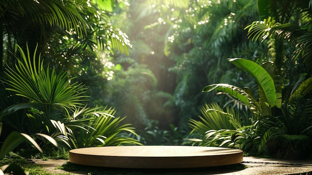 Free photo a modern podium for product design against the backdrop of a tropical forest