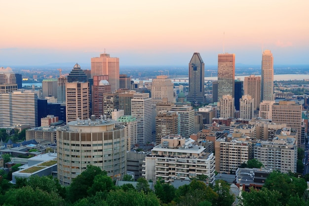 Free photo montreal city skyline at sunset viewed from mont royal with urban skyscrapers.