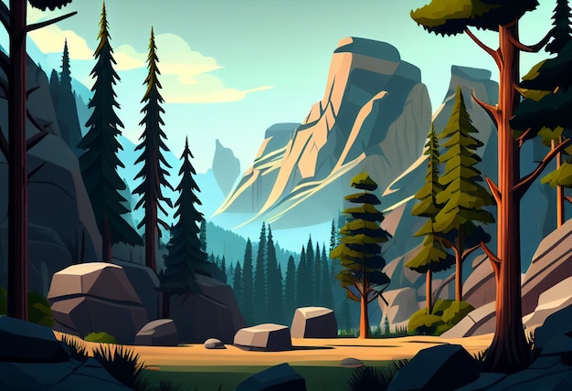 Mountain forest jungle trees cartoon background generative ai