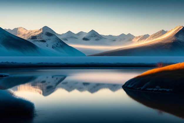 Foto gratuita un lago di montagna con montagne innevate sullo sfondo