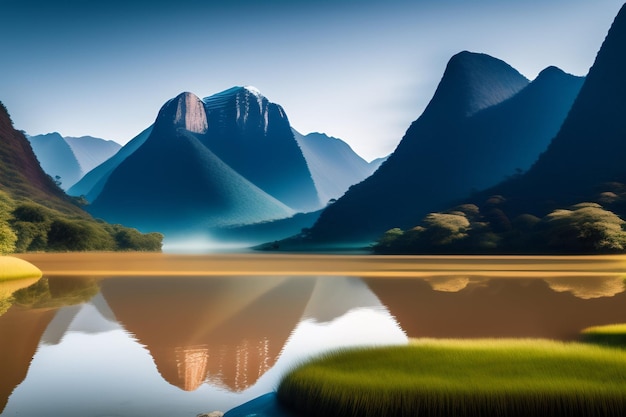 Foto gratuita una catena montuosa si riflette in un lago con un cielo azzurro e la scritta 