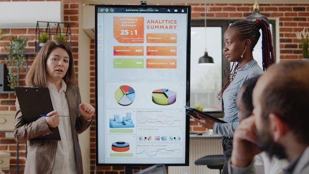 Free Photo multi ethnic team of women planning business project with analysis presentation on display. workmates using monitor to explain data analysis for company growth and development in office.