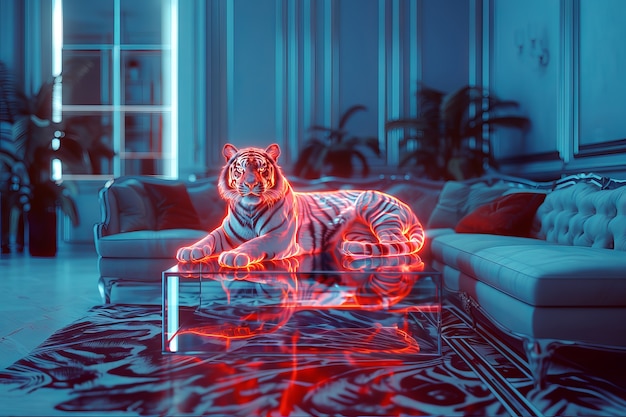 Neon hologram of tiger