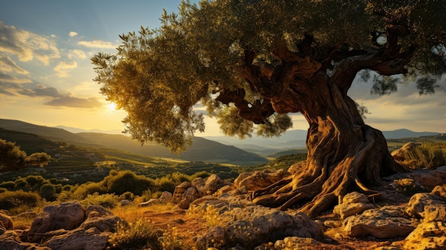 Free photo old olive tree on the slope sunset idea with copy space for background or advertising