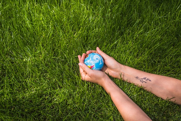 Free photo an overhead view of hands holding globe ball on green grass