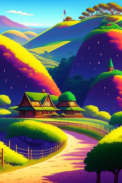 A painting of a house in a forest with a rainbow on the bottom.