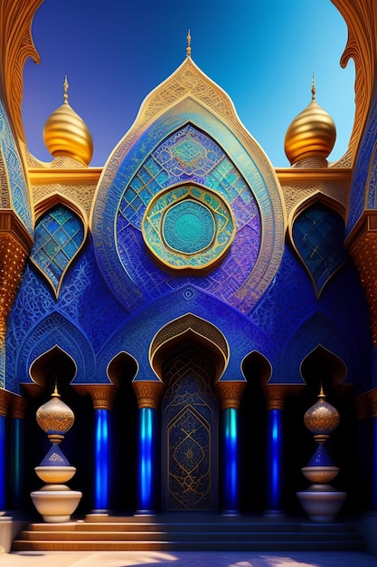 Free photo a painting of a mosque with a blue background and the words'al - adha'on the top.