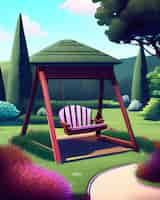 Free photo a painting of a swing with a green roof and a pink chair.