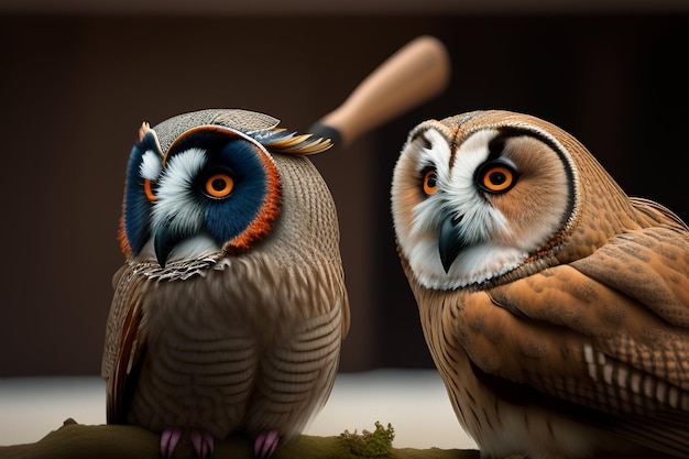 Free Photo a pair of owls with orange eyes and a blue face are sitting on a branch.