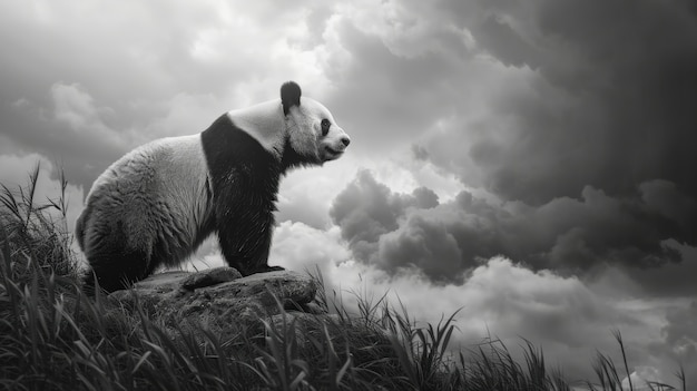 Free Photo panda bear portrait in black and white