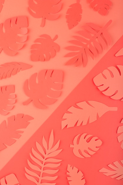 Free photo paper leaves on coral background