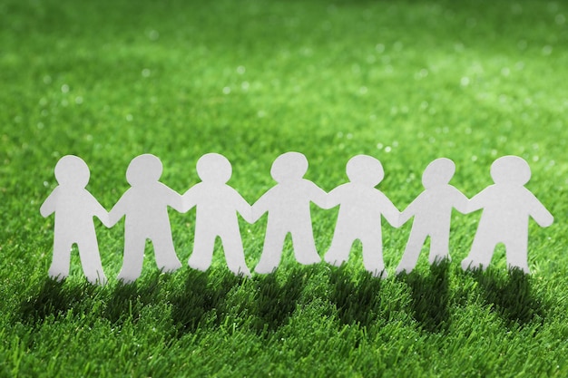 Free photo paper people chain on green grass unity concept