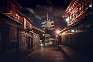 Free photo pathway in the middle of buildings under a dark sky in japan