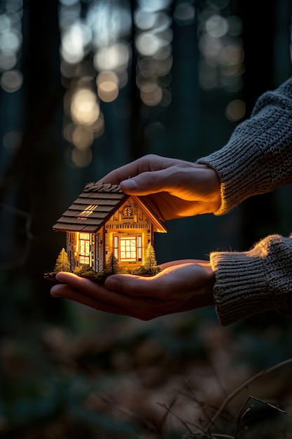 Free photo person holding tiny house in a forest