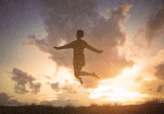 Free Photo person jumping with clouds background