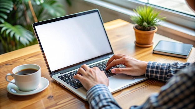 Person typing on laptop with blank screen coffee smartphone and plants