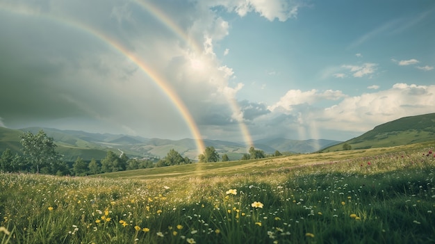 Free photo photorealistic rainbow with countryside nature landscape