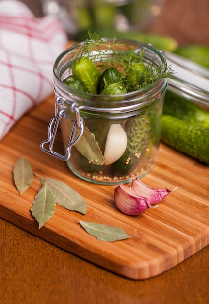 Free Photo pickles with garlic and drill in glass jar 
