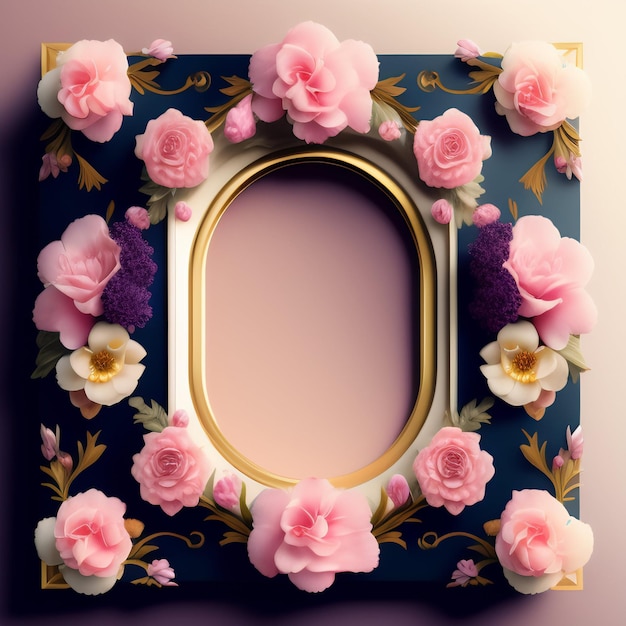 Free photo a pink floral frame with pink flowers is displayed on a purple background.