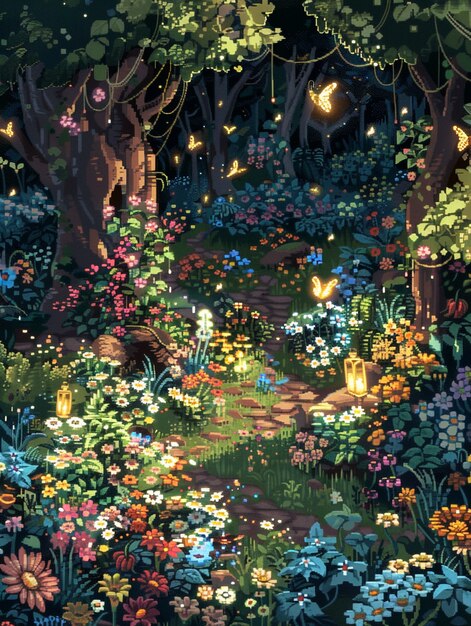 Pixel art style floral garden illustration