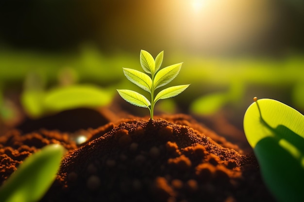 Free photo a plant growing in the soil with the sun shining on it.