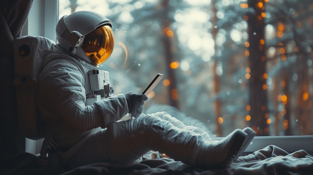 Portrait of astronaut in space suit doing common activity outdoors