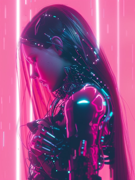 Portrait of futuristic female humanoid with advanced technology