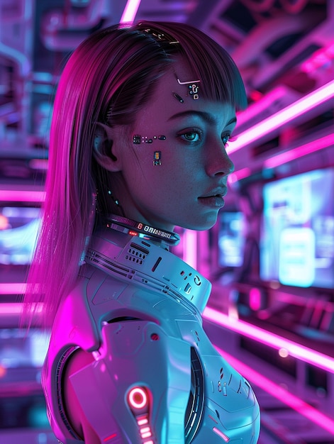 Portrait of futuristic female humanoid with advanced technology