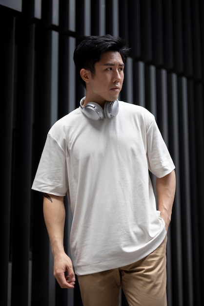 Free photo portrait of handsome asian man posing outdoors in the city with headphones