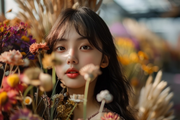 Free Photo portrait of person working at a dried flowers shop