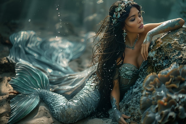 Portrait of woman as a fantastic mermaid creature with tail