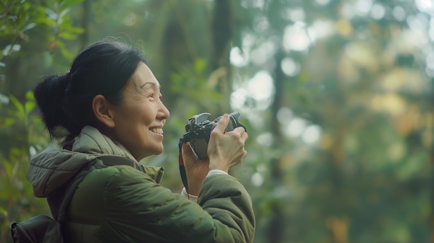 Free photo portrait of woman holding device and taking photos for world photography day