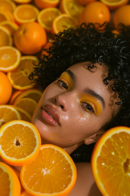 Portrait of  woman interacting with fruits