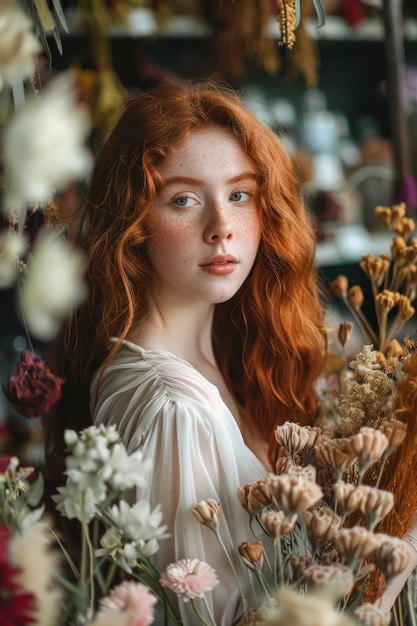 Free Photo portrait of woman working at a dried flowers shop