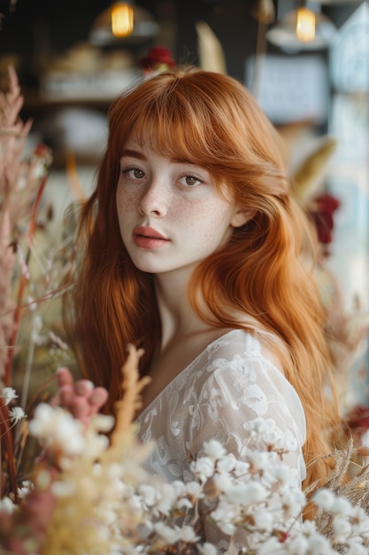 Free Photo portrait of woman working at a dried flowers shop