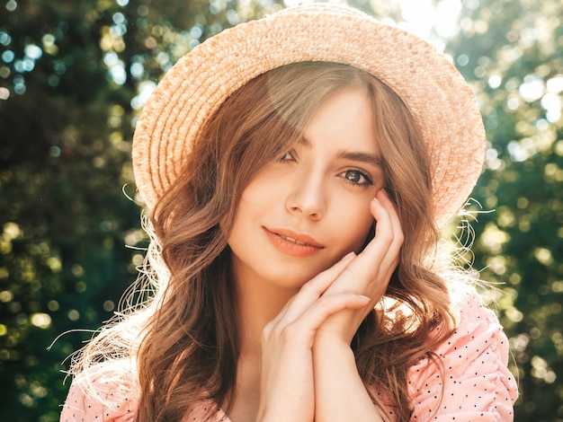 Free Photo portrait of young beautiful hipster girl in trendy summer sundress