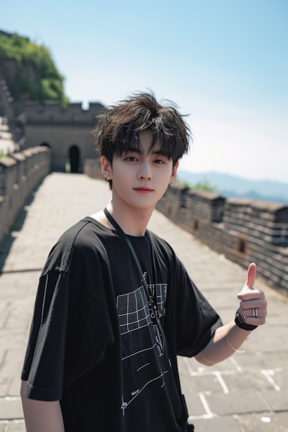 Free photo portrait of young teen tourist visiting the great wall of china