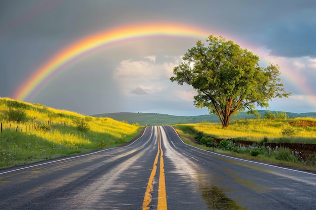 Free photo rainbow at the end of a road landscape