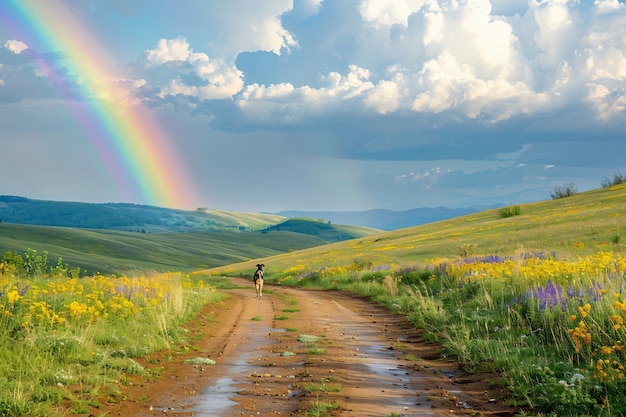 Free photo rainbow at the end of a road landscape