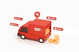 Free photo red delivery car deliver express and pin pointer mark location and cardboard boxes with bubble chat message delivery transportation logistics concept on white background 3d rendering illustration